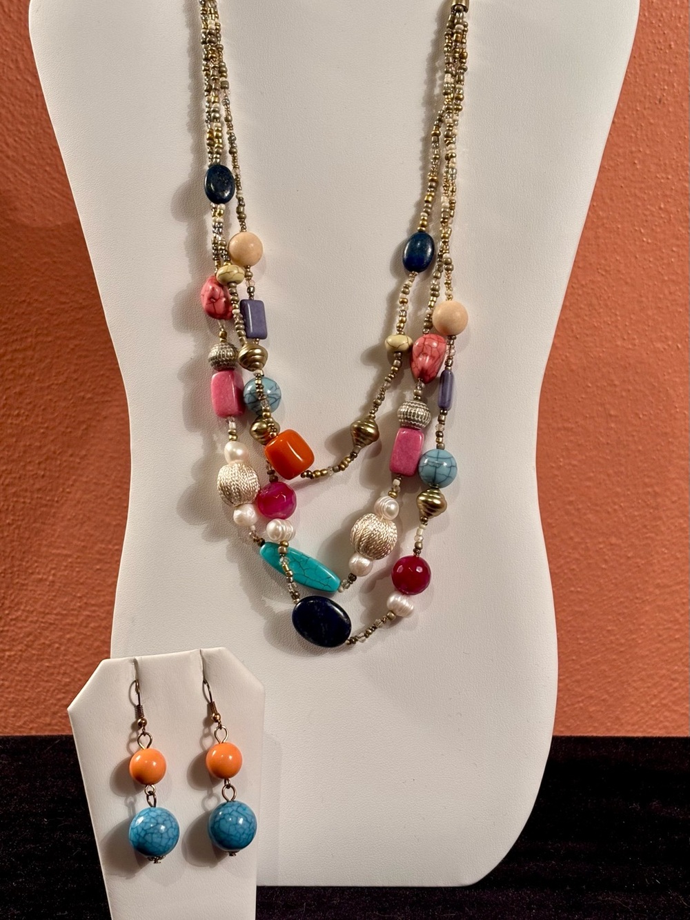 Chico’s Multicolor Beaded 3-Strand Statement Necklace & Earrings Set